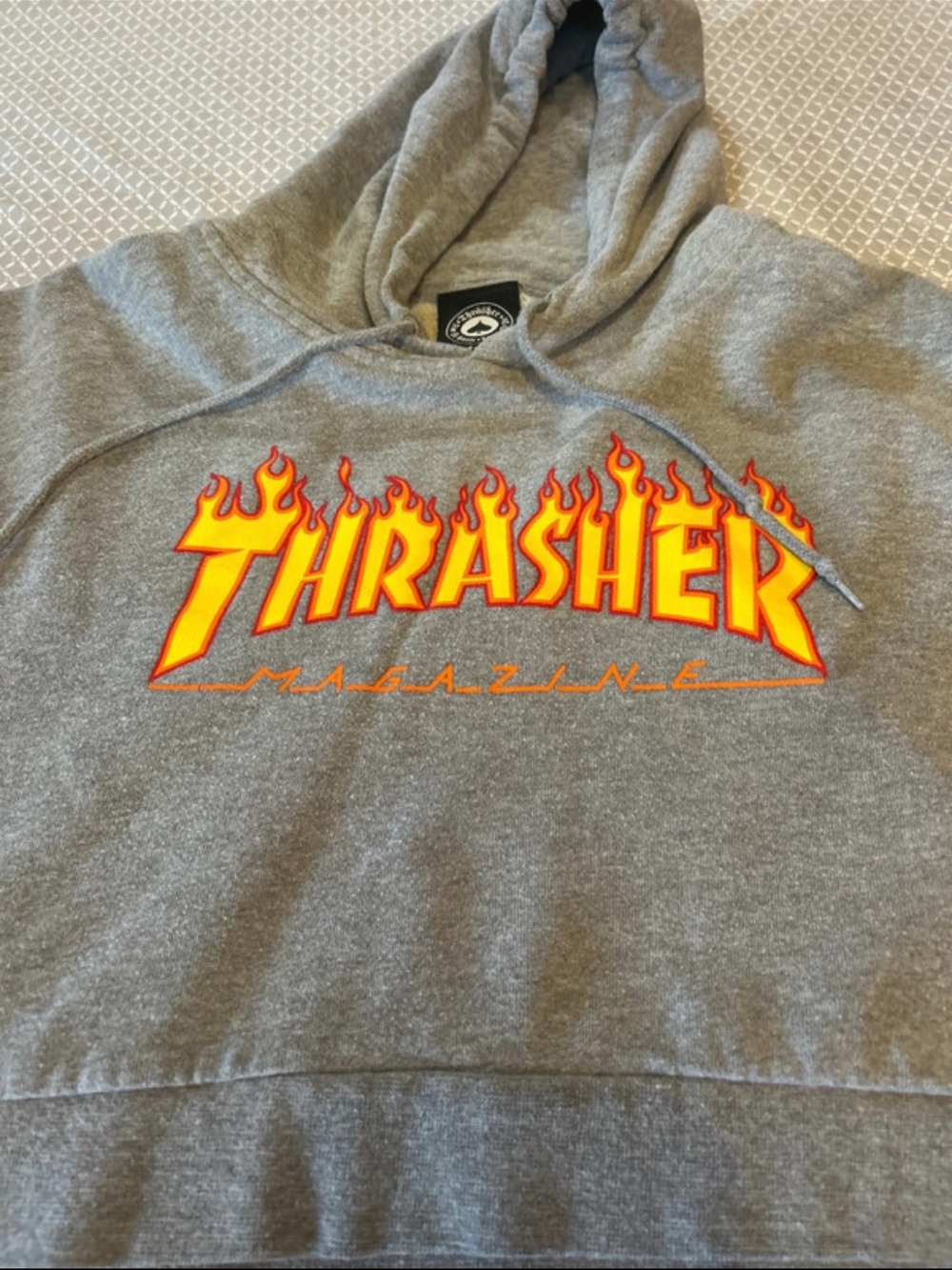 Thrasher Grey Cropped Crewneck with Yellow & Orange Flame Logo